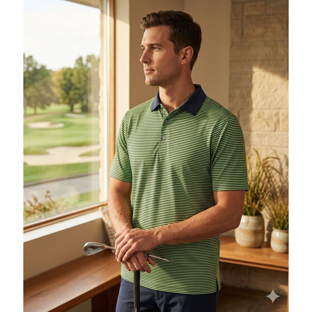 FootJoy Polo Shirt Mens XL Green Blue Stripe Golf Stretch Performance